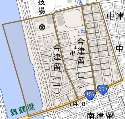 今津留とその周辺の地図。町の範囲を重ねている