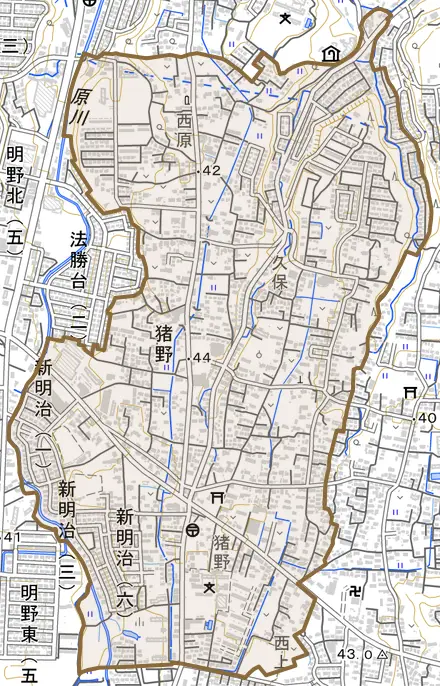 大字猪野とその周辺の地図。町の範囲を重ねている