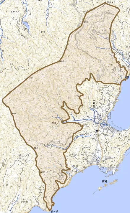 大字一尺屋とその周辺の地図。町の範囲を重ねている