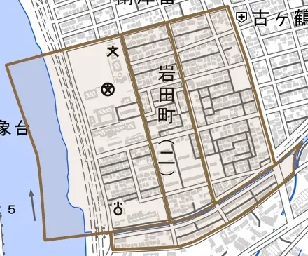 岩田町とその周辺の地図。町の範囲を重ねている