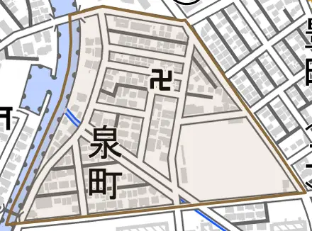 泉町とその周辺の地図。町の範囲を重ねている