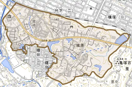 大字城原とその周辺の地図。町の範囲を重ねている