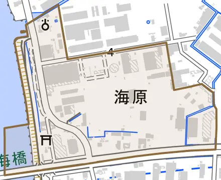大字海原とその周辺の地図。町の範囲を重ねている