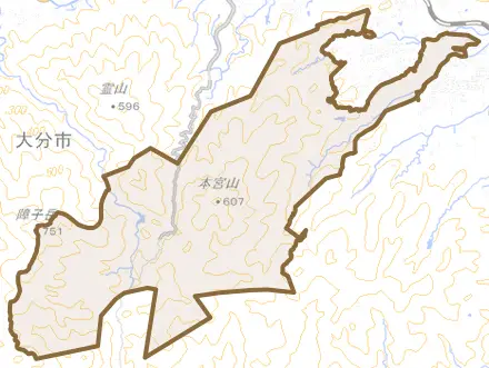 大字上判田とその周辺の地図。町の範囲を重ねている