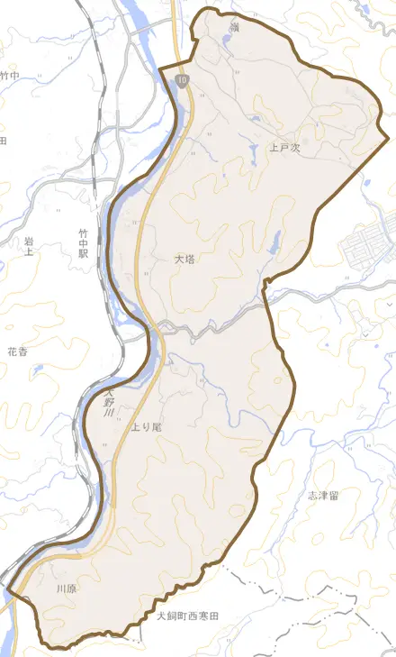 大字上戸次とその周辺の地図。町の範囲を重ねている