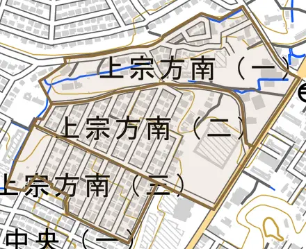 上宗方南とその周辺の地図。町の範囲を重ねている