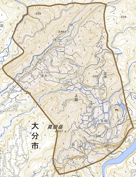 大字上詰とその周辺の地図。町の範囲を重ねている