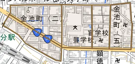 金池町とその周辺の地図。町の範囲を重ねている