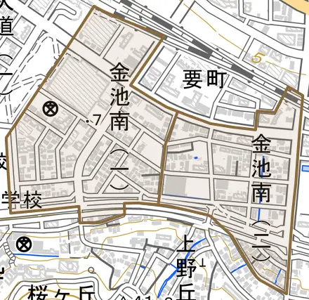 金池南とその周辺の地図。町の範囲を重ねている