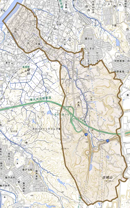 大字片島とその周辺の地図。町の範囲を重ねている