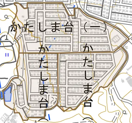 かたしま台とその周辺の地図。町の範囲を重ねている