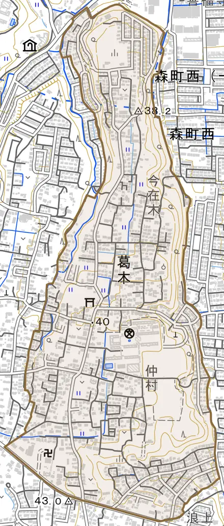 大字葛木とその周辺の地図。町の範囲を重ねている