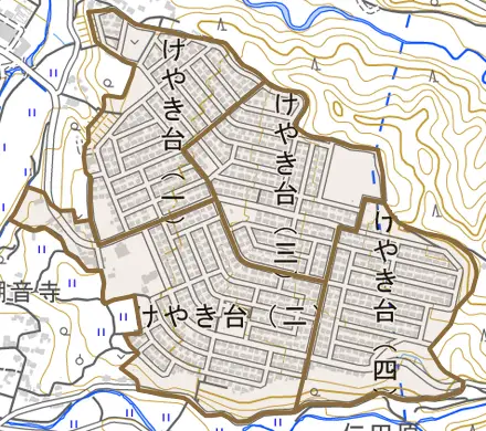 けやき台とその周辺の地図。町の範囲を重ねている