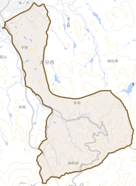 大字木田とその周辺の地図。町の範囲を重ねている