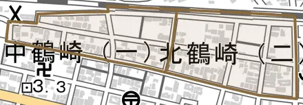 北鶴崎とその周辺の地図。町の範囲を重ねている