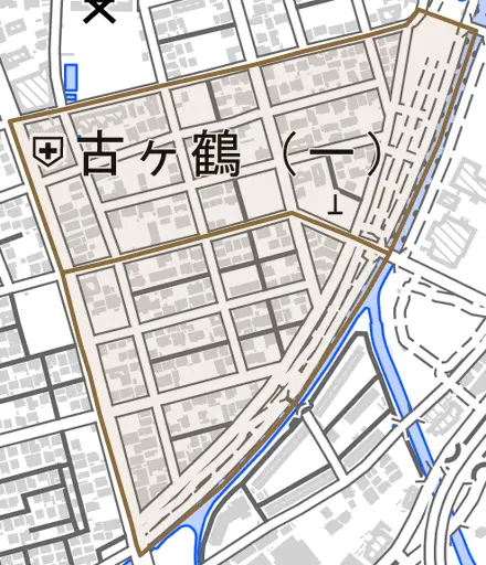 古ケ鶴とその周辺の地図。町の範囲を重ねている