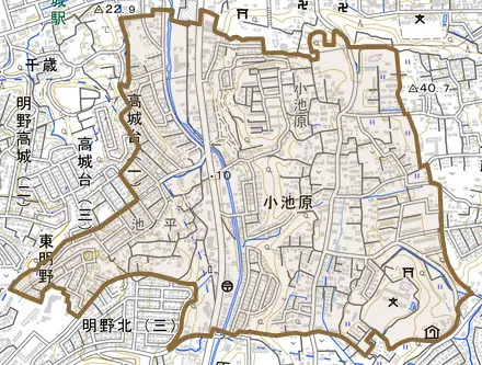 大字小池原とその周辺の地図。町の範囲を重ねている