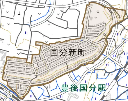 国分新町とその周辺の地図。町の範囲を重ねている
