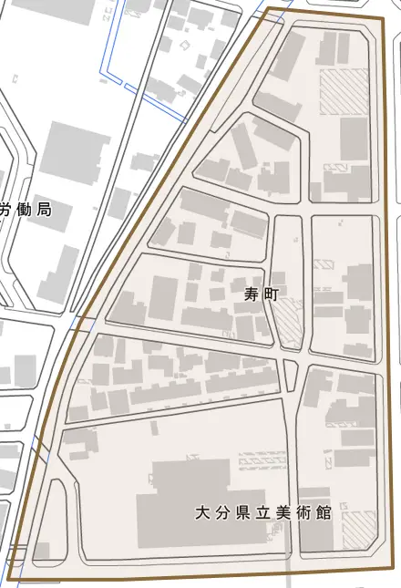 寿町とその周辺の地図。町の範囲を重ねている