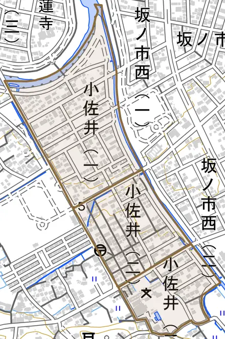 小佐井とその周辺の地図。町の範囲を重ねている