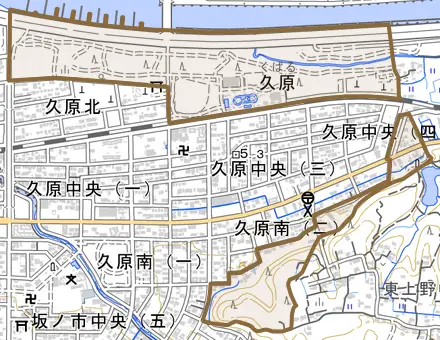 大字久原とその周辺の地図。町の範囲を重ねている