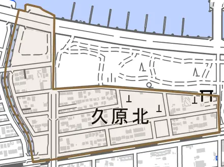 久原北とその周辺の地図。町の範囲を重ねている