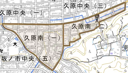 久原南とその周辺の地図。町の範囲を重ねている