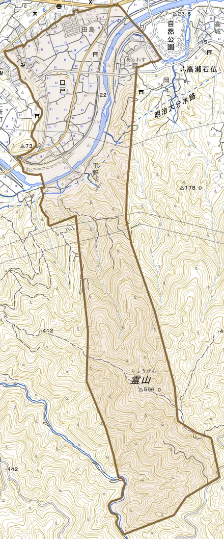 大字口戸とその周辺の地図。町の範囲を重ねている