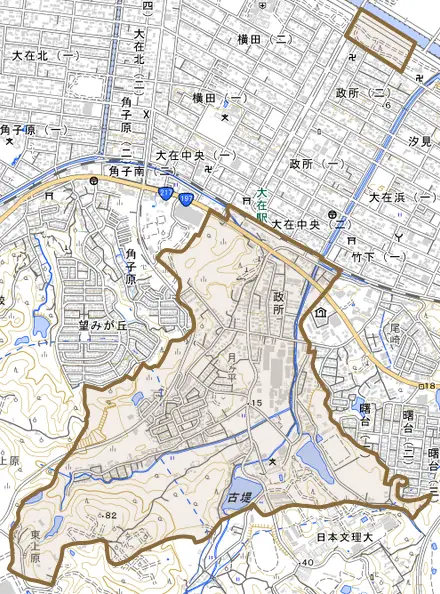 大字政所とその周辺の地図。町の範囲を重ねている