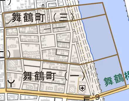 舞鶴町とその周辺の地図。町の範囲を重ねている