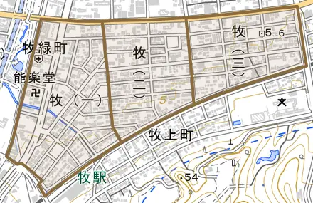 牧とその周辺の地図。町の範囲を重ねている