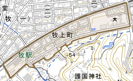 牧上町とその周辺の地図。町の範囲を重ねている