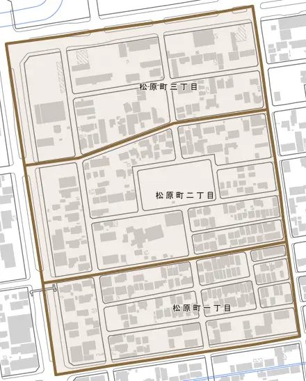 松原町とその周辺の地図。町の範囲を重ねている