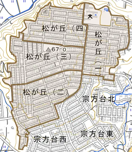 松が丘とその周辺の地図。町の範囲を重ねている
