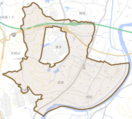大字松岡とその周辺の地図。町の範囲を重ねている