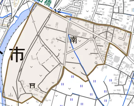 大字南とその周辺の地図。町の範囲を重ねている