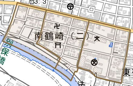 南鶴崎とその周辺の地図。町の範囲を重ねている