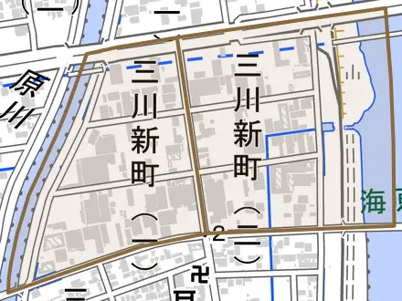三川新町とその周辺の地図。町の範囲を重ねている