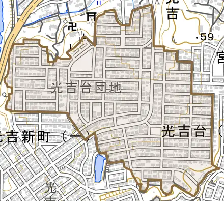 光吉台とその周辺の地図。町の範囲を重ねている