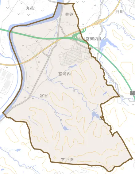 大字宮河内とその周辺の地図。町の範囲を重ねている