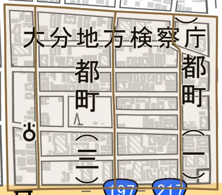 都町とその周辺の地図。町の範囲を重ねている