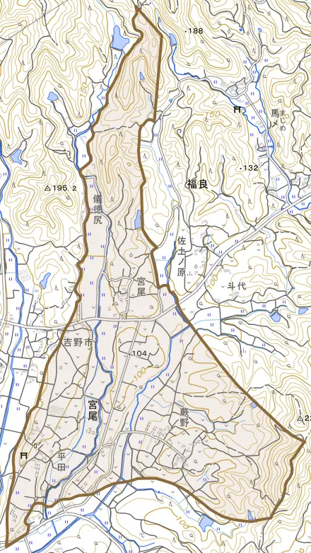大字宮尾とその周辺の地図。町の範囲を重ねている