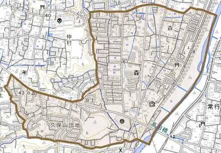 大字森とその周辺の地図。町の範囲を重ねている