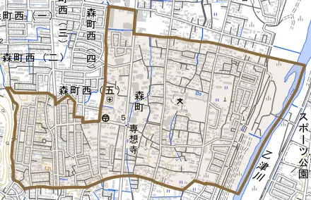 大字森町とその周辺の地図。町の範囲を重ねている