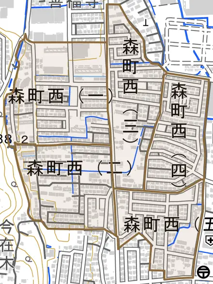 森町西とその周辺の地図。町の範囲を重ねている