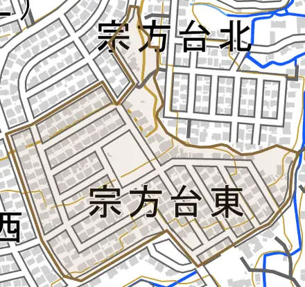 宗方台東とその周辺の地図。町の範囲を重ねている