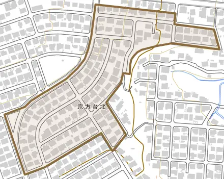 宗方台北とその周辺の地図。町の範囲を重ねている