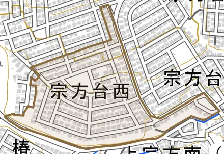 宗方台西とその周辺の地図。町の範囲を重ねている