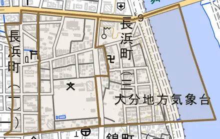 長浜町とその周辺の地図。町の範囲を重ねている