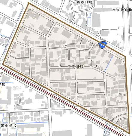 中春日町とその周辺の地図。町の範囲を重ねている